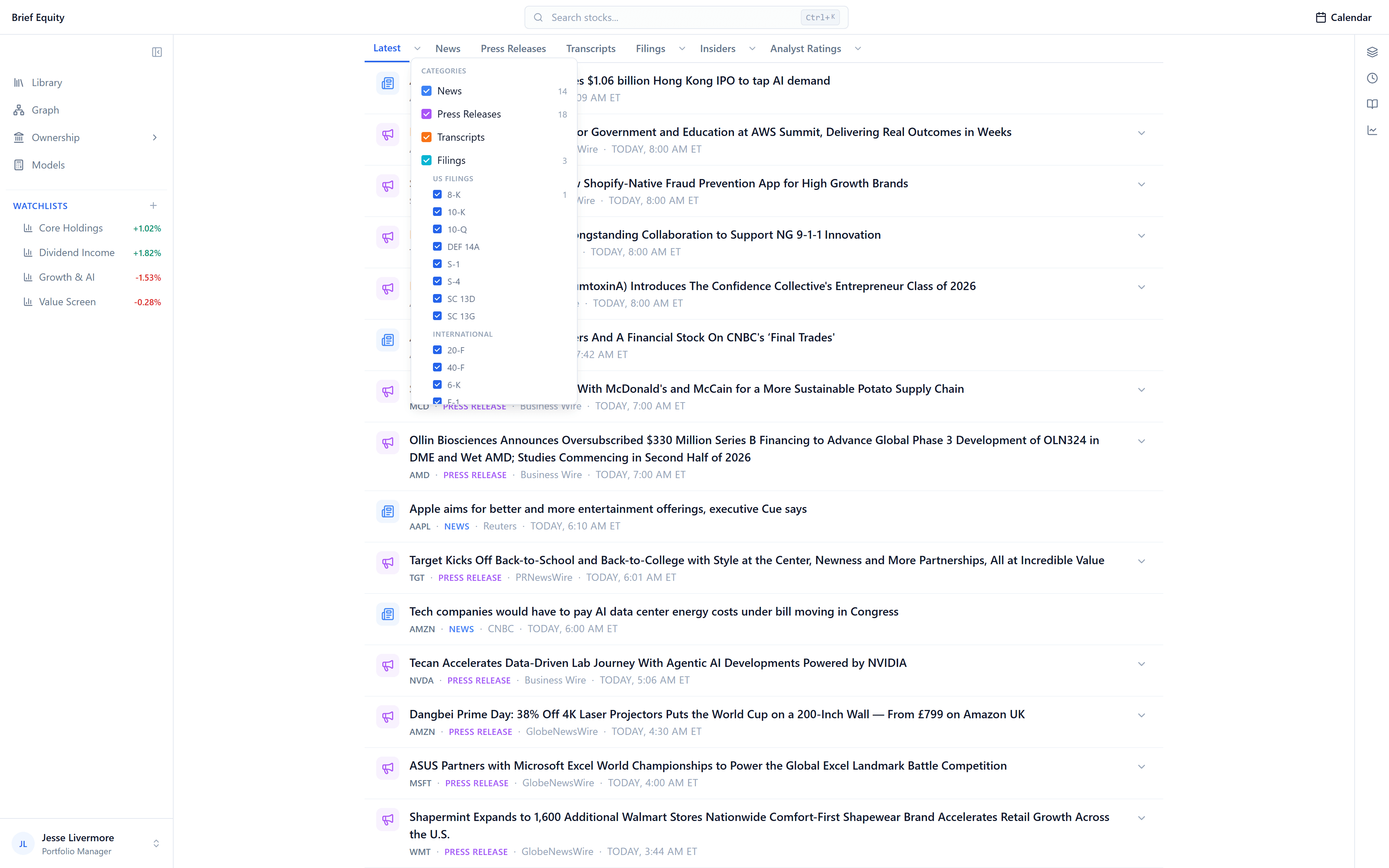 The Latest tab filter listing every category with a count beside each.