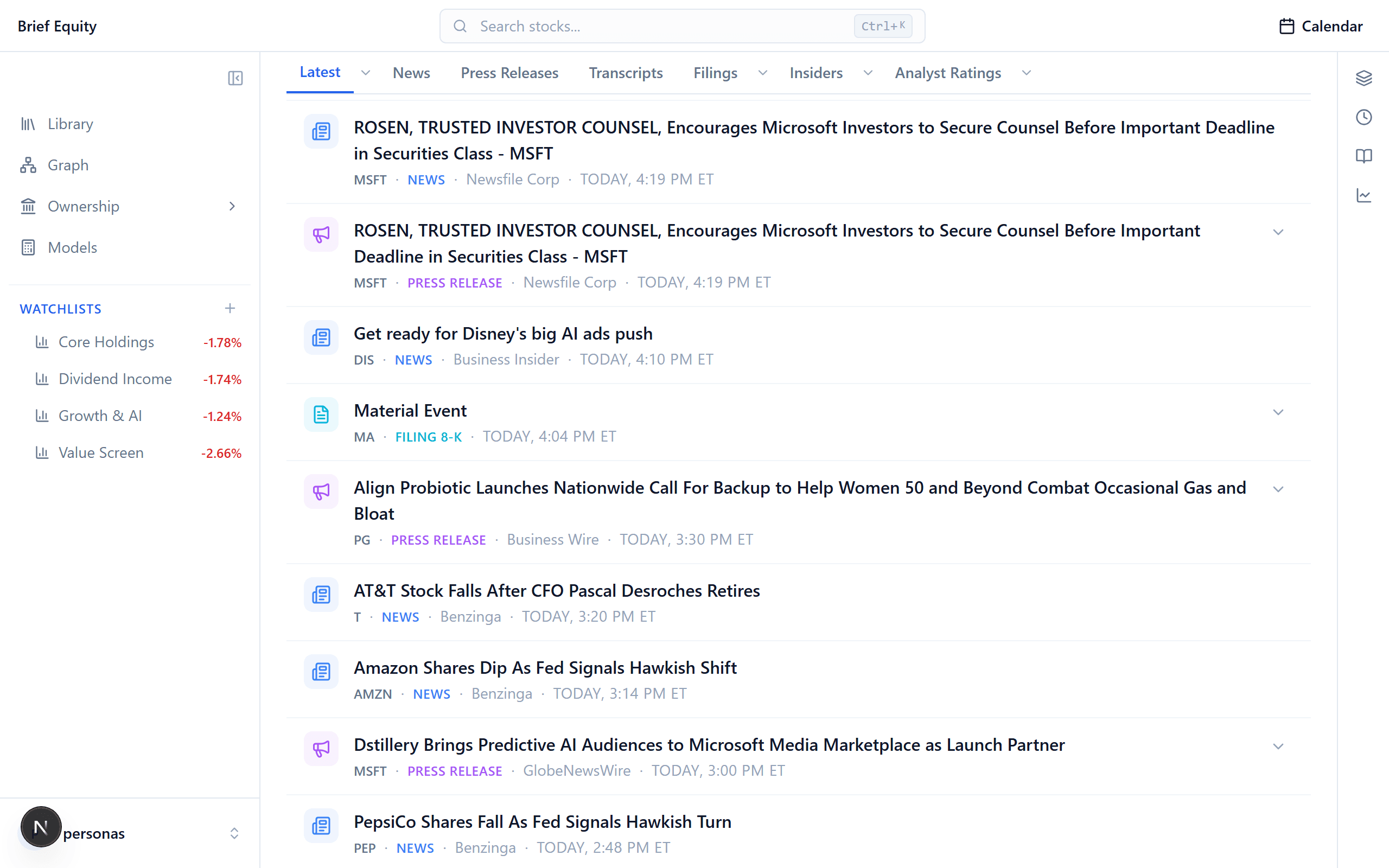 The Brief Equity filterable feed showing transcripts, press releases, and filings across tracked tickers.