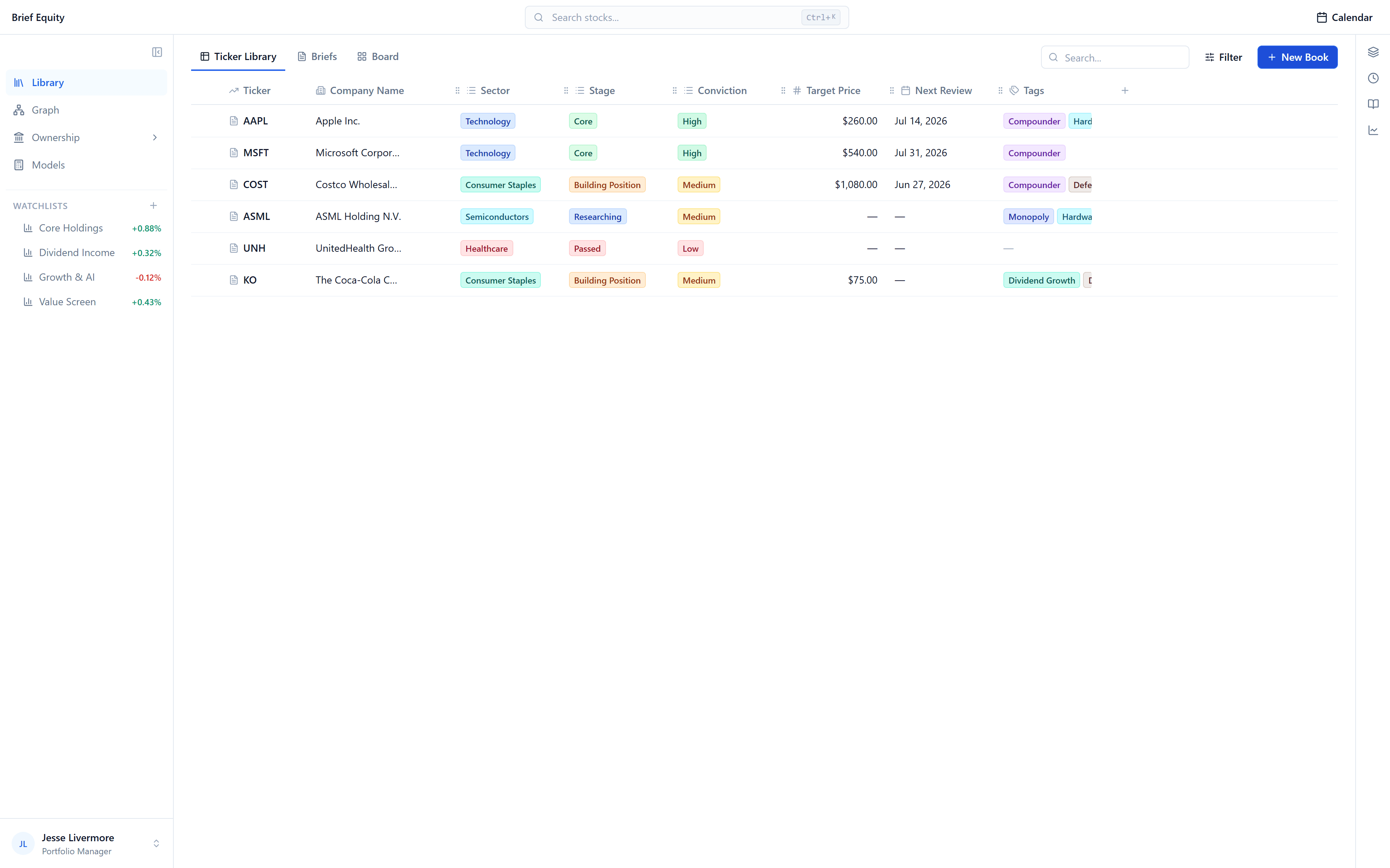 The Brief Equity research library, a notebook for every stock.