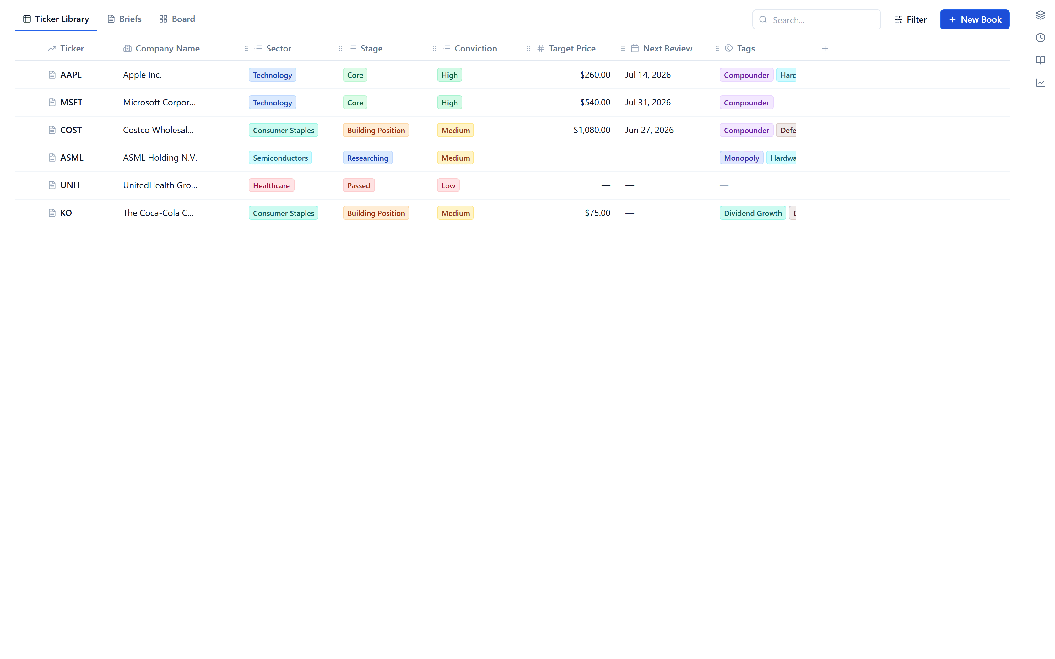 The Ticker Library listing a notebook for each stock with custom columns.