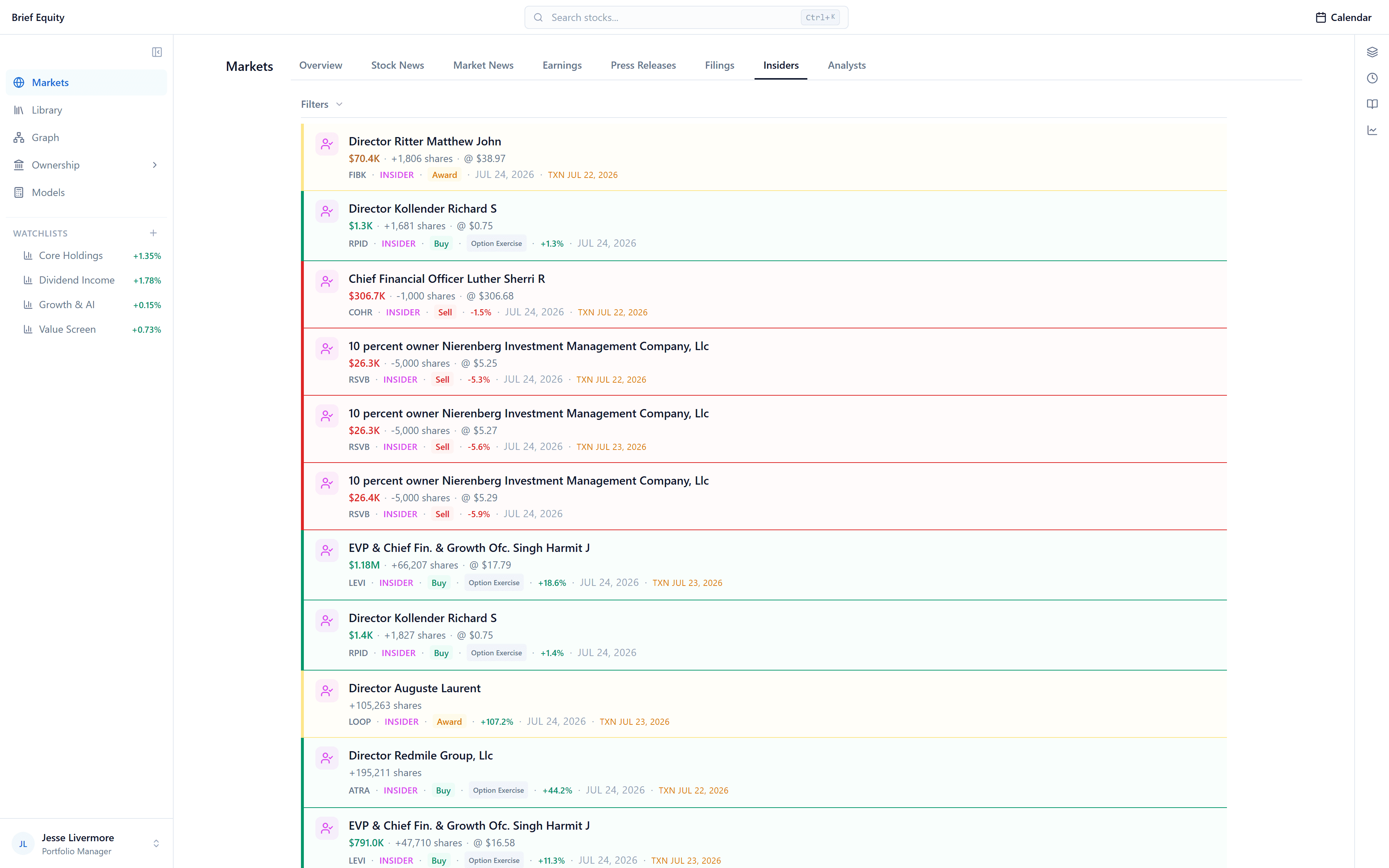 The market-wide Insiders stream: insider transactions across every ticker, with the same filters.