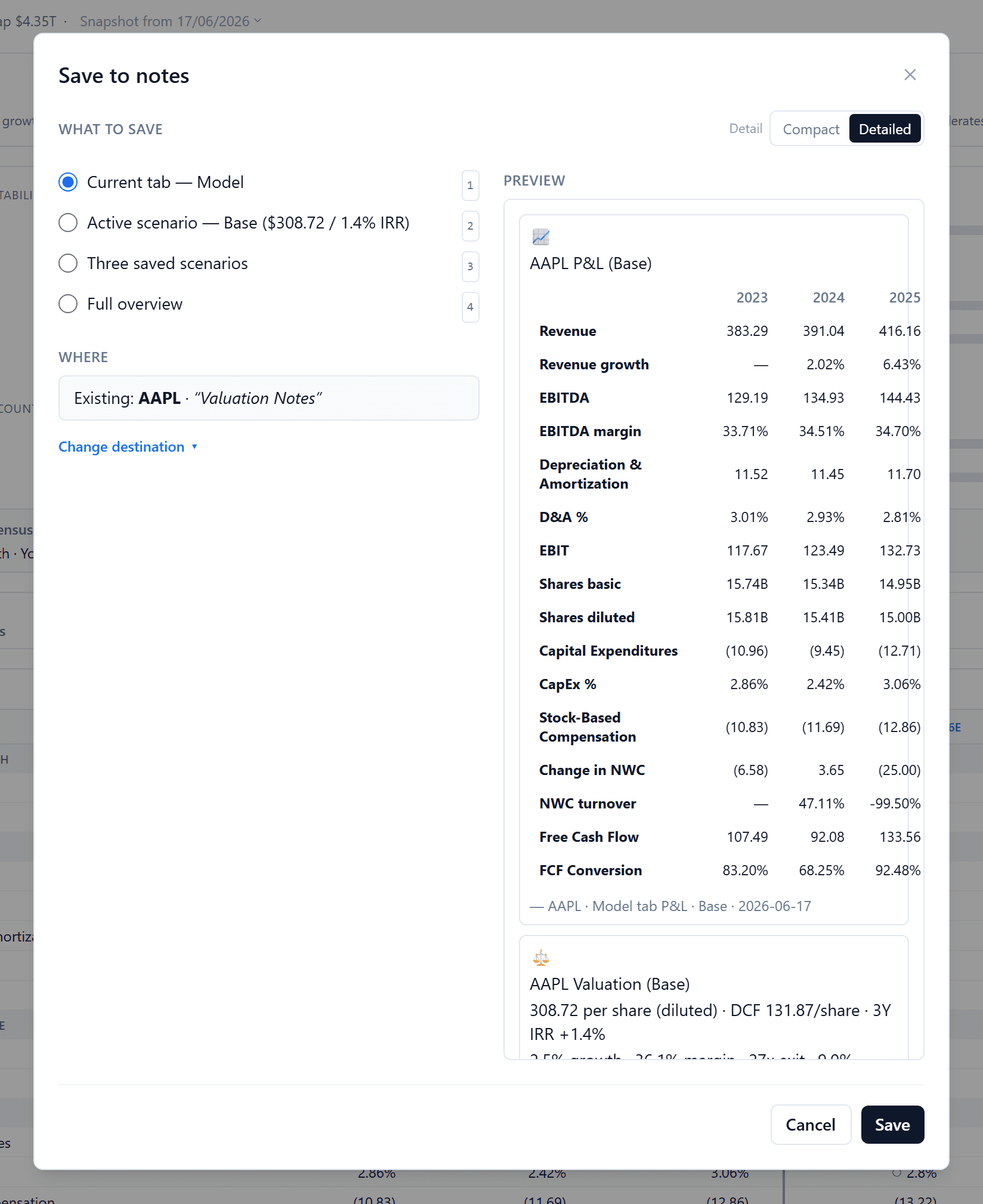 The Save-to-notes dialog: choosing which parts of a Brief Equity model to capture into a notebook page, with a preview.