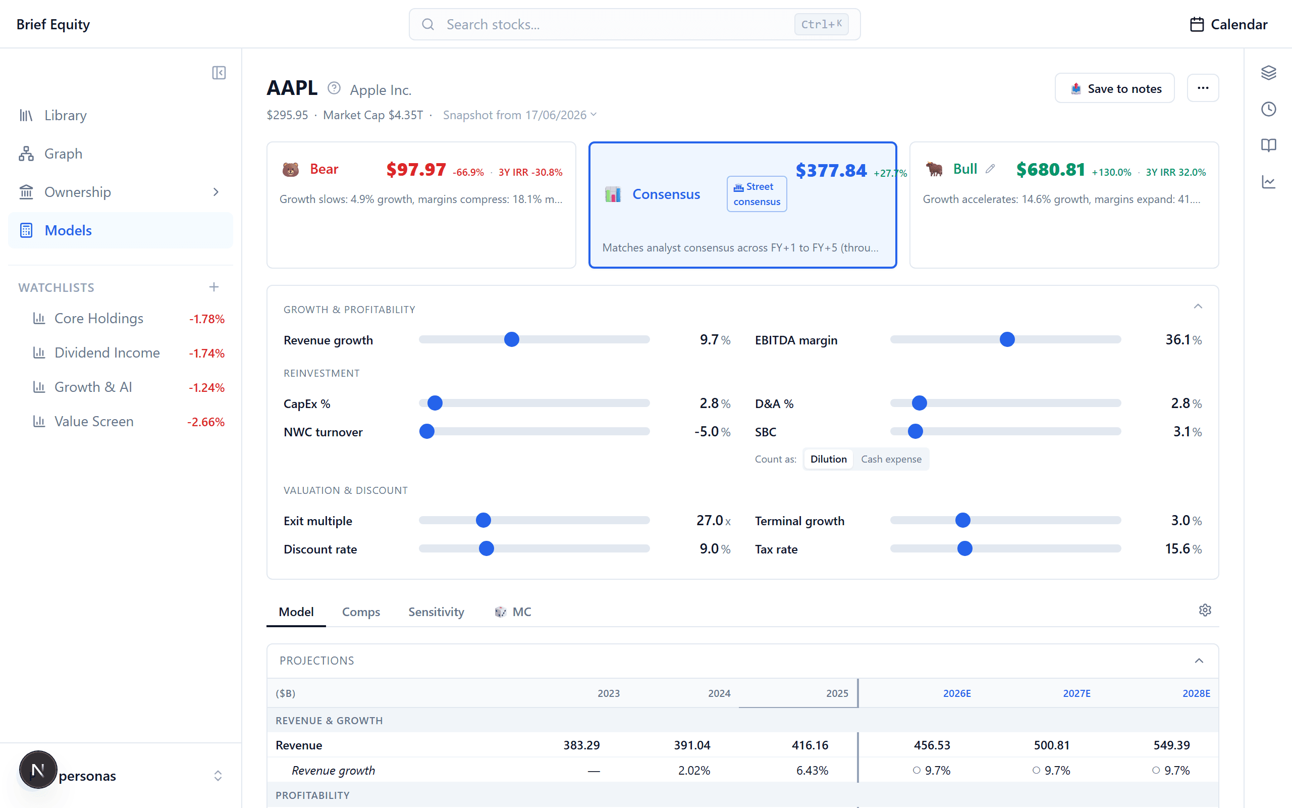 A Brief Equity valuation model workspace with DCF assumptions and scenarios.
