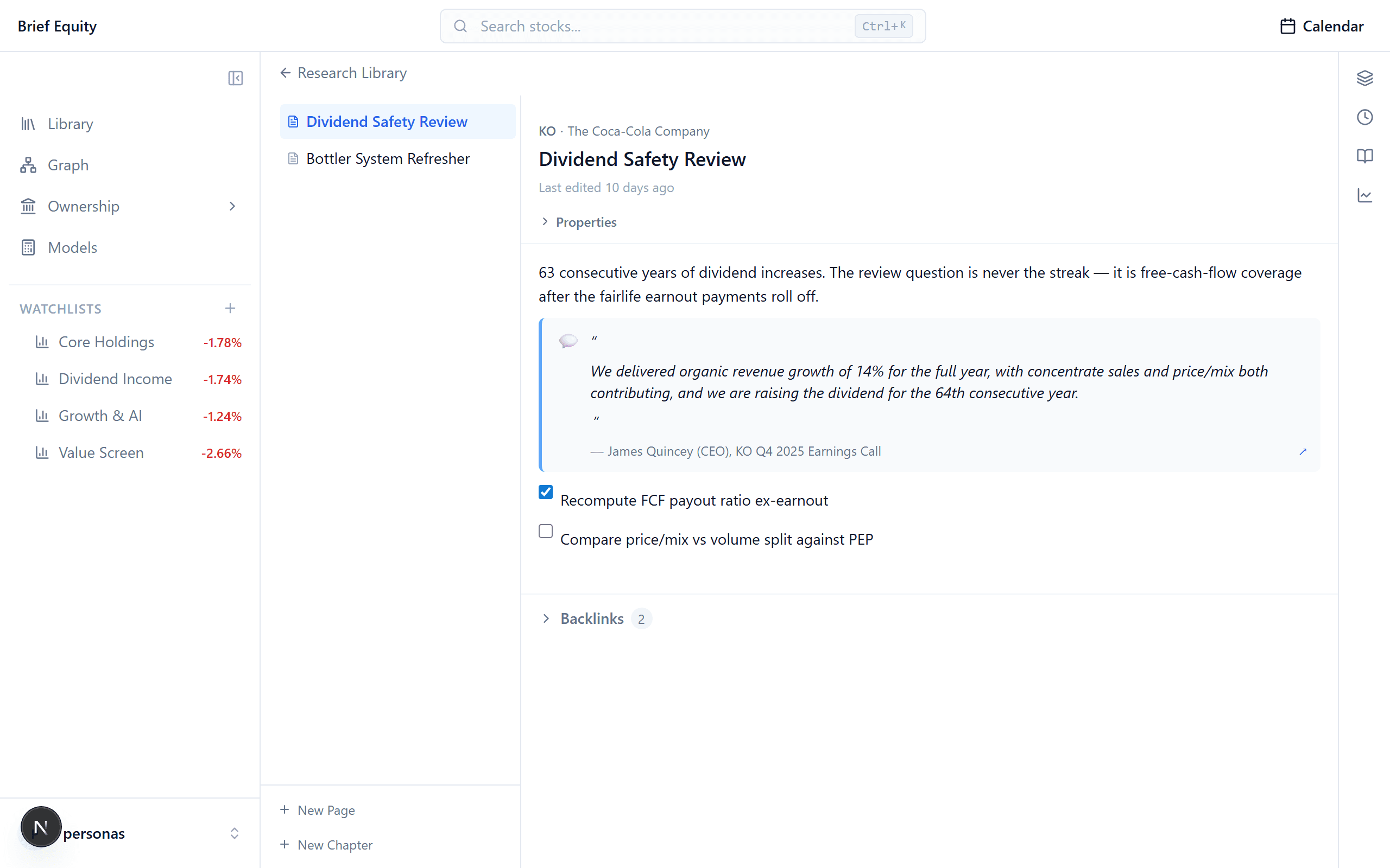 Brief Equity notes open alongside a stock detail page.