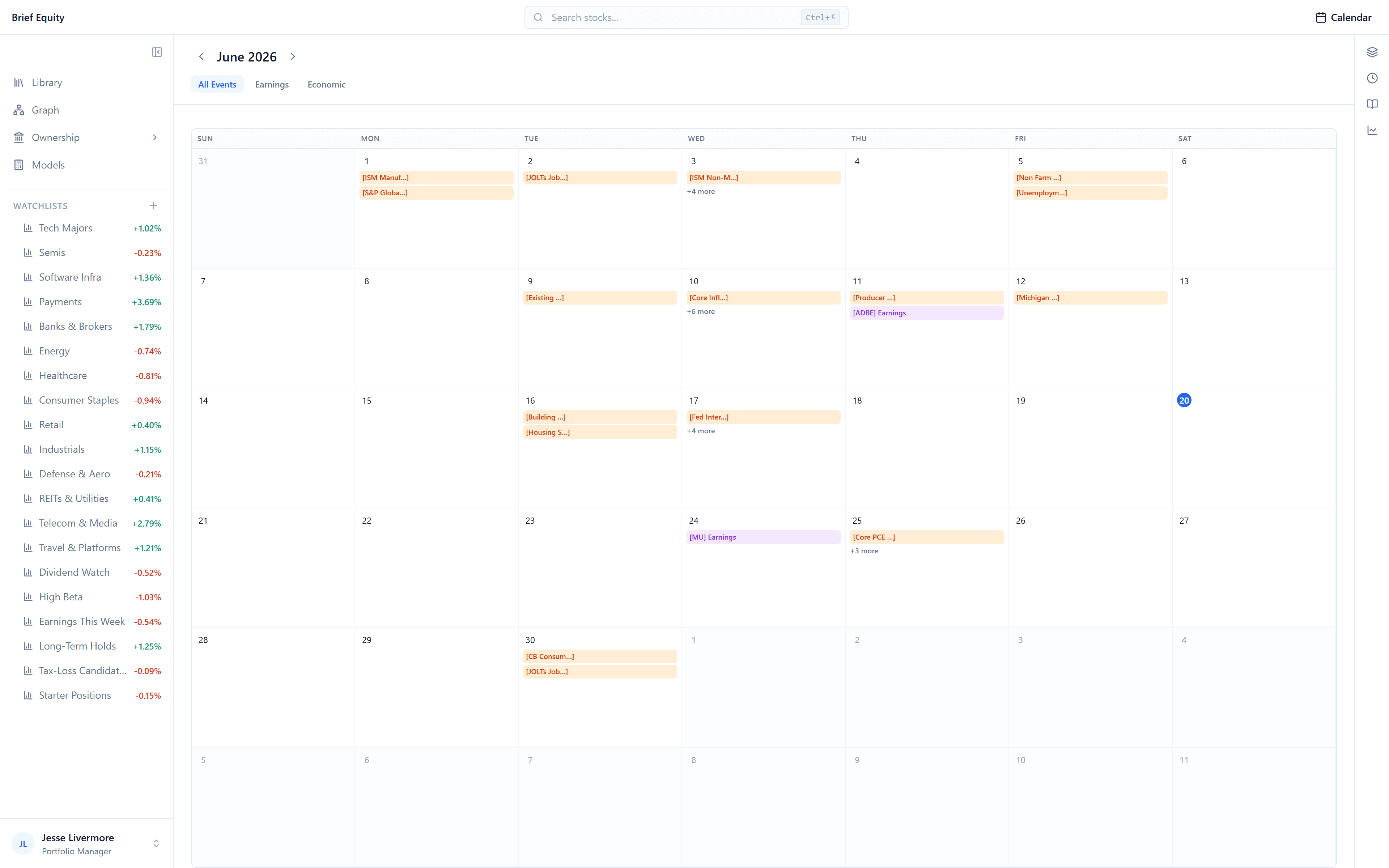 The Brief Equity events calendar — a month grid of earnings and US economic events.