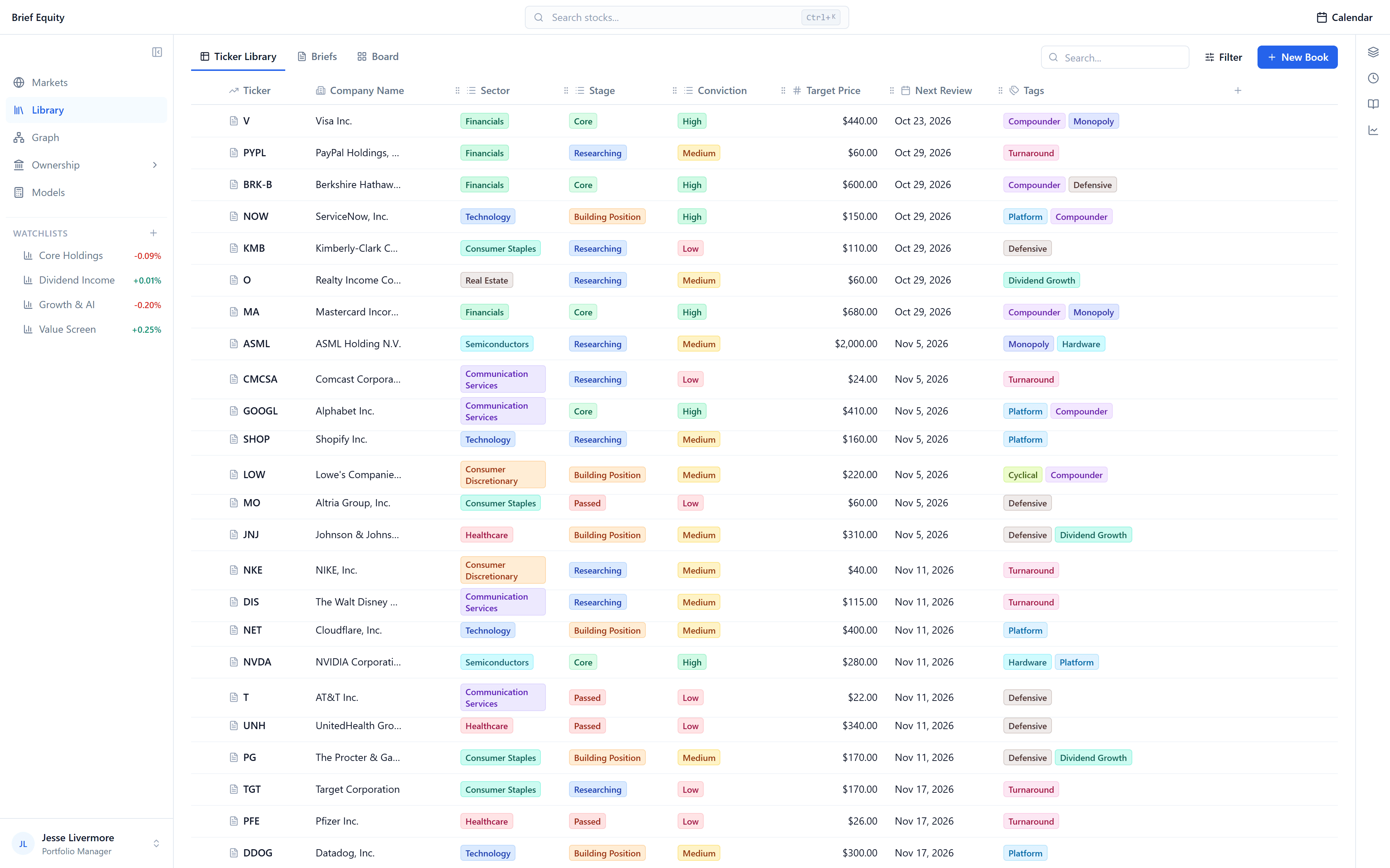 The Brief Equity app open on the research library: a table of the stocks you research, with your own columns for sector, stage, conviction, target price, and tags.