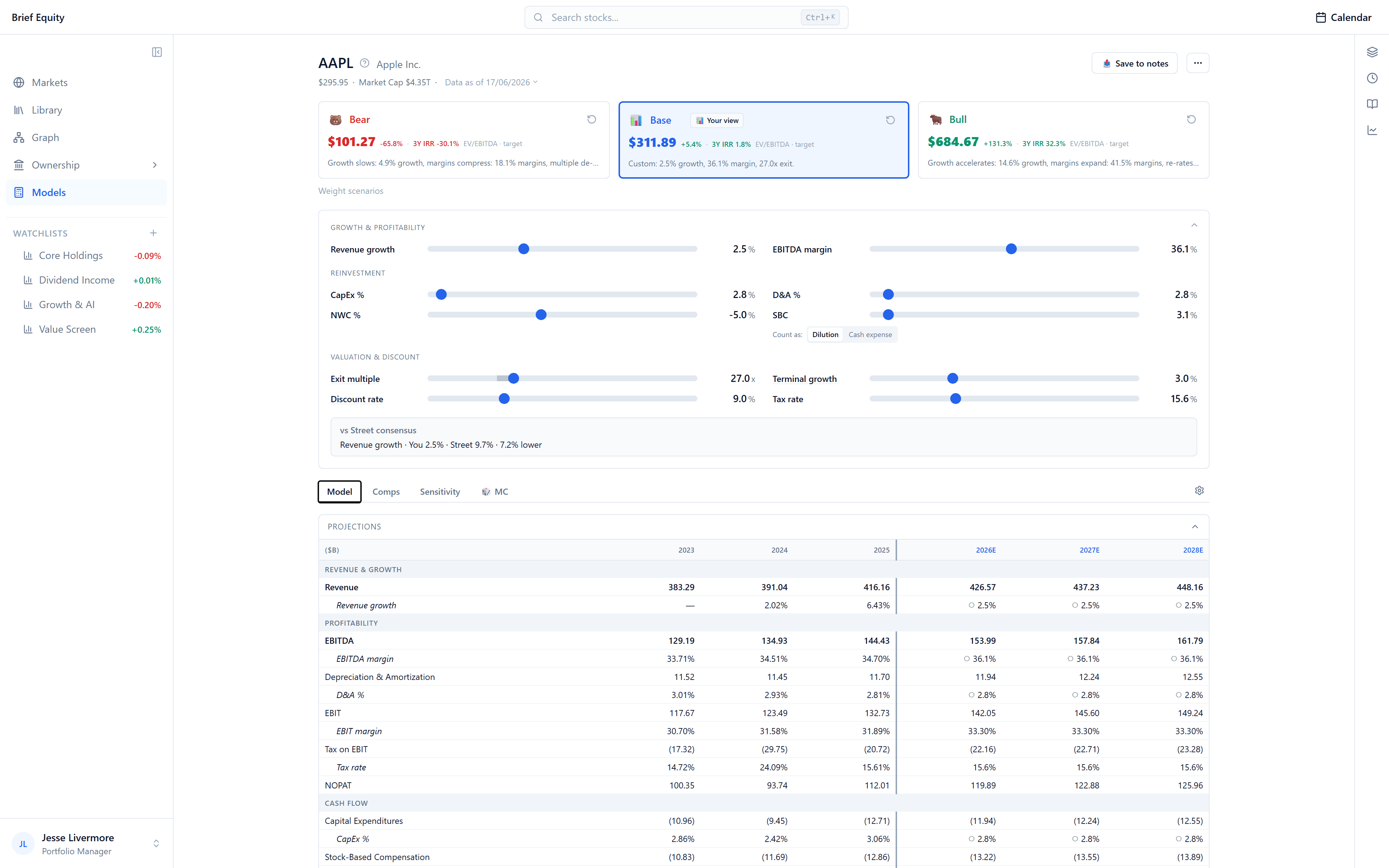 The Brief Equity app open on a valuation model: Bear, Base, and Bull scenarios, the sliders that set the assumptions, and the projections under them.