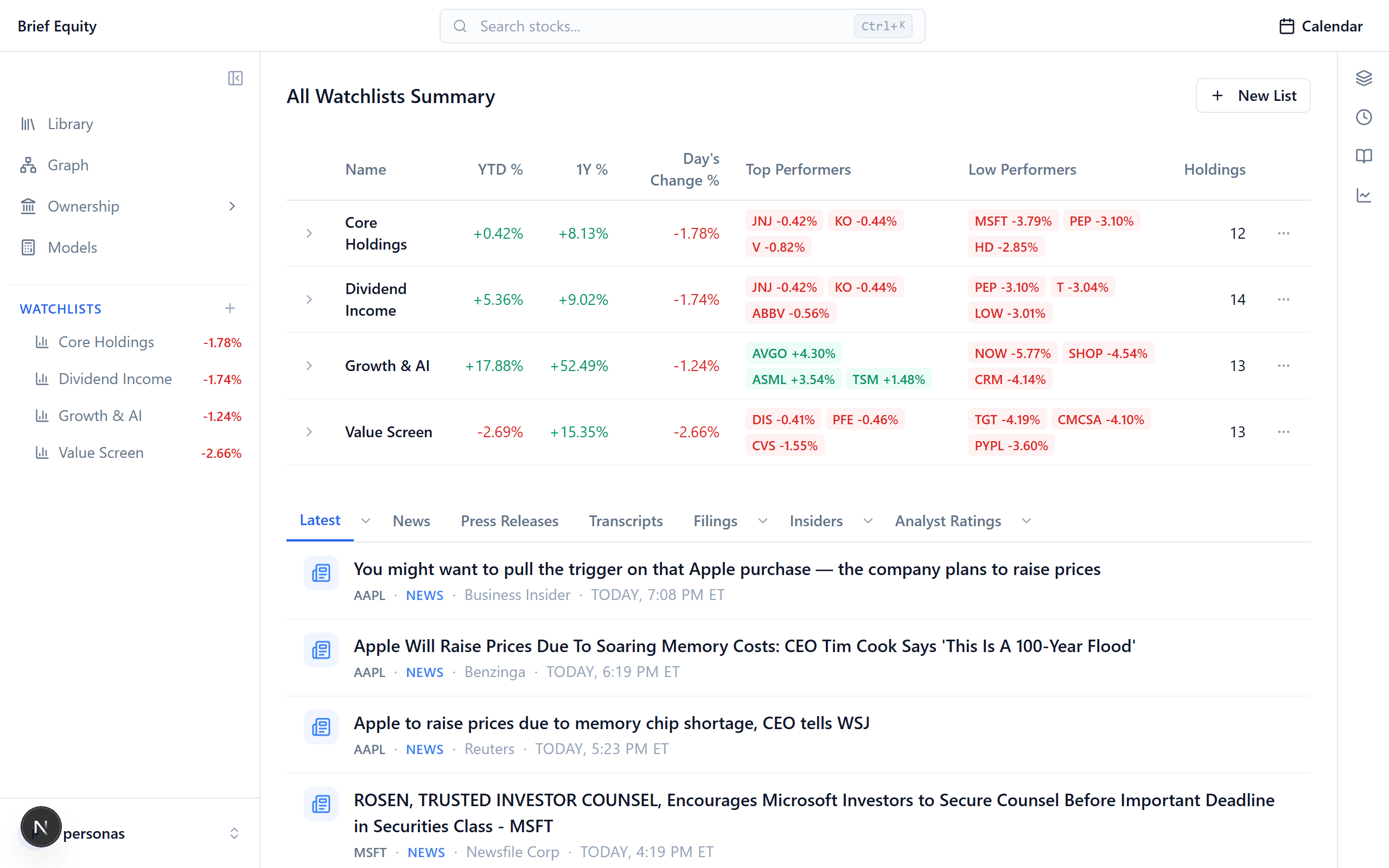 A Brief Equity watchlist with the filterable research feed.
