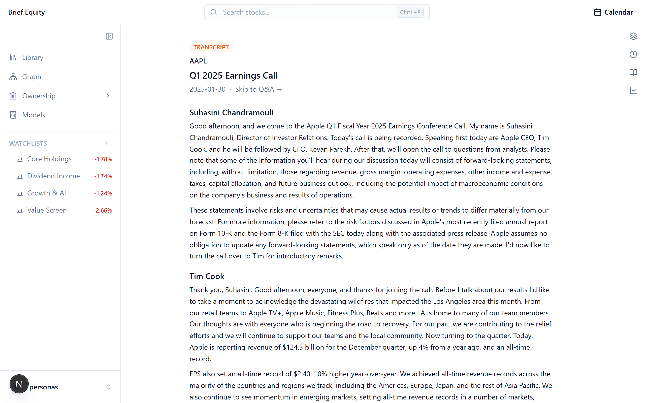 An earnings-call transcript open in the Brief Equity reader, with speaker segments.